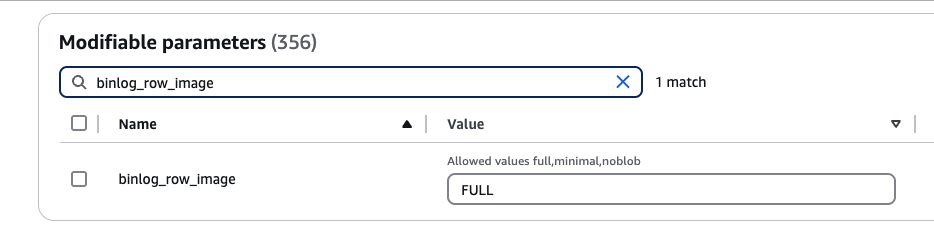 Binlog row image를 FULL로 설정