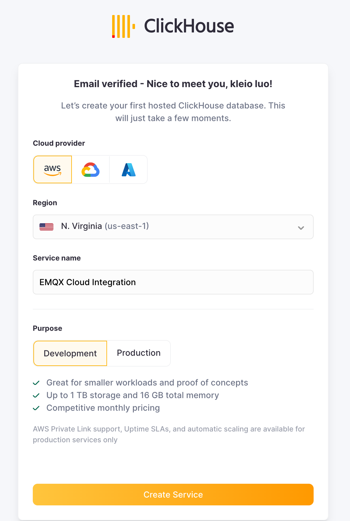 AWS 리전 선택을 보여 주는 ClickHouse Cloud 서비스 배포 인터페이스