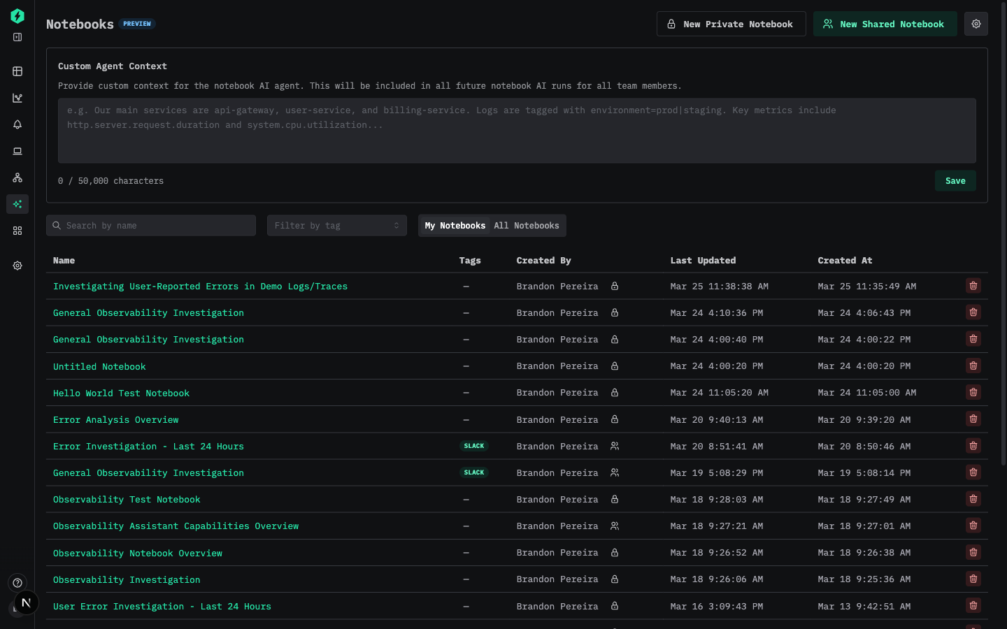 사용자 지정 컨텍스트용 Agent Settings 패널
