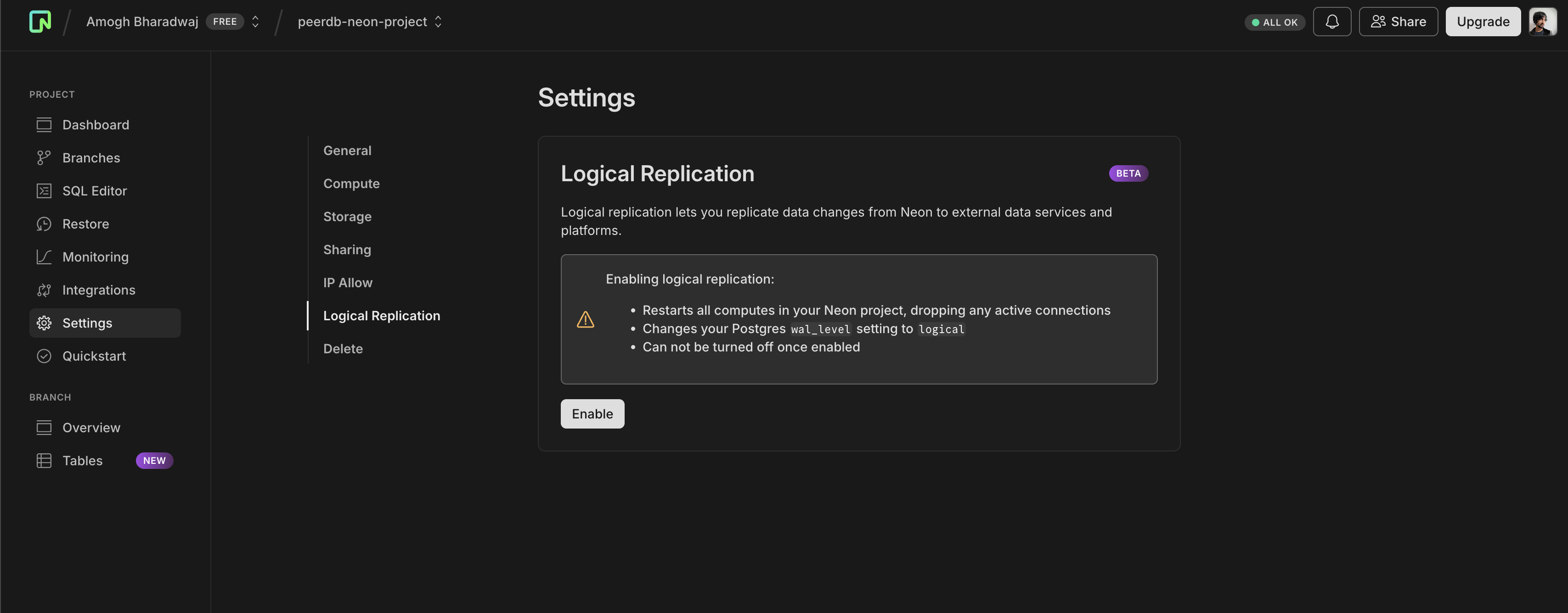논리 복제 활성화
