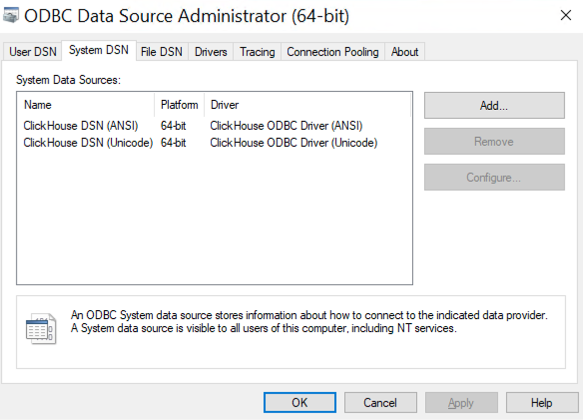 Drivers 탭에서 ClickHouse 드라이버가 표시된 ODBC Data Source Administrator 화면