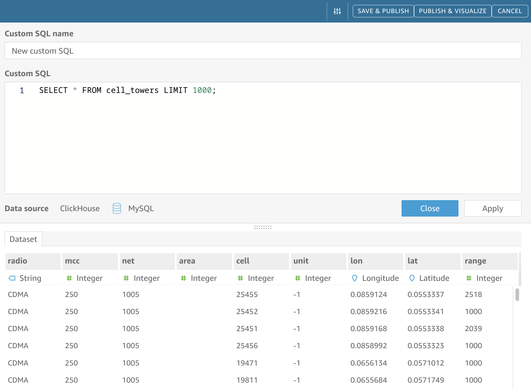 컬럼과 샘플 데이터가 포함된 테이블 구조 미리 보기가 표시된 QuickSight 데이터 프리뷰