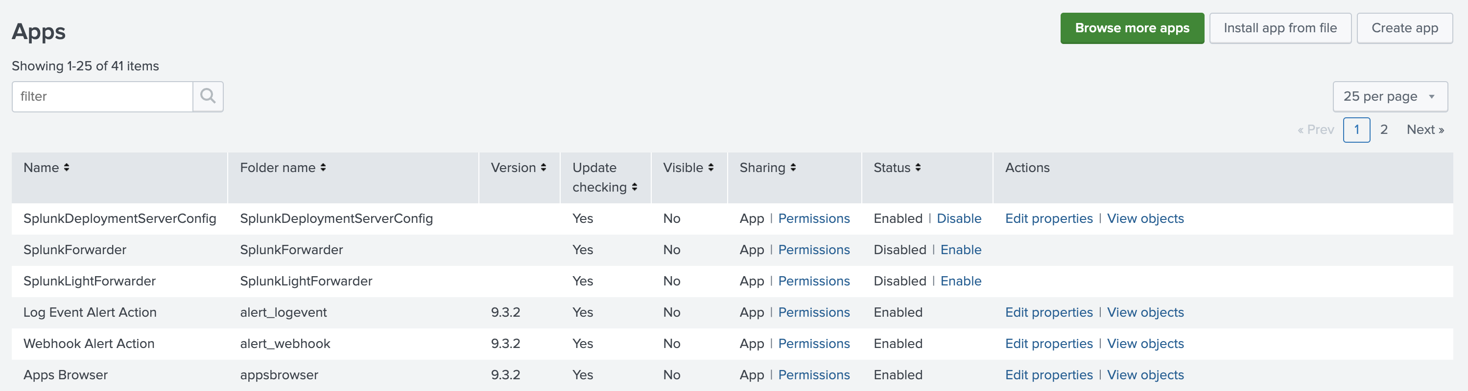 「Install app from file」 옵션이 있는 Apps 관리 페이지를 보여주는 Splunk Enterprise 인터페이스